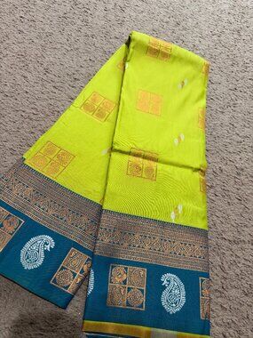 Lightweight katan silk saree with Resham work on green border